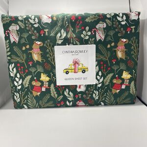 NWT Cynthia Rowley CHRISTMAS MOUSE HOLLY LEAVES DARK Green Queen Size Sheet Set
